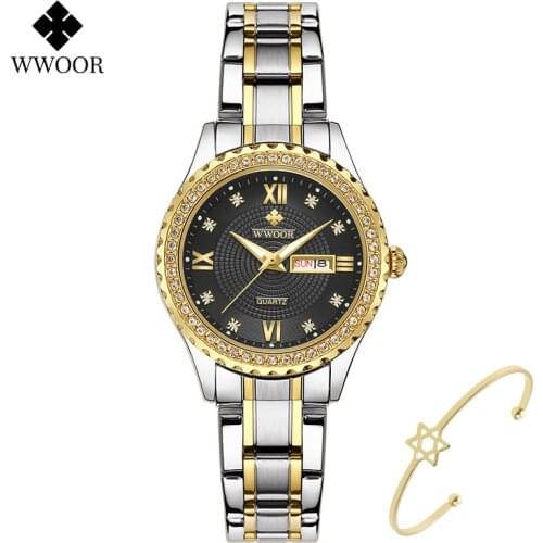 WWOOR Ladies Diamonds Wrist Watch Luxury Gold Clock Female Relogio Feminino Waterproof Luminous Quartz Watch Women Bracelet 2020