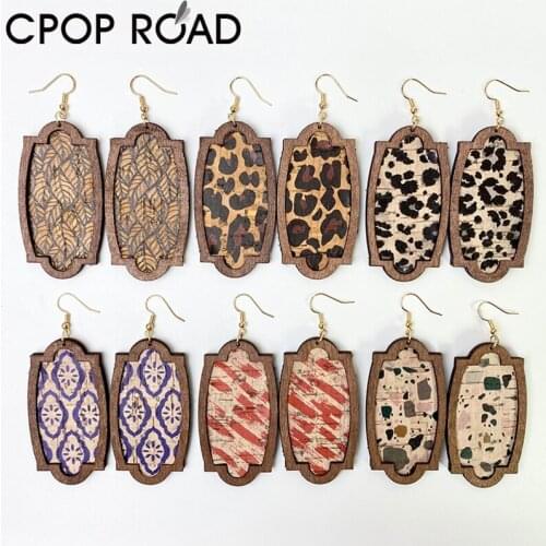 Cpop Leopard Leather Earrings for Women Geometric Wood Pendant Dangle Earrings Fashion Jewelry Accessories Hot Sale Girl Gift