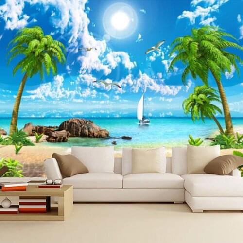 Custom Photo Mural Wallpaper 3D Sea Beach Coconut Tree Seascape Wall Painting Modern Living Room Sofa TV Background Wall Paper
