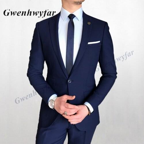 Gwenhwyfar Deep Blue Two Pieces Men Suits Slim Fit Wedding Grooms Tuxedos One Button Formal Prom Business Suit (Jacket +Pants)