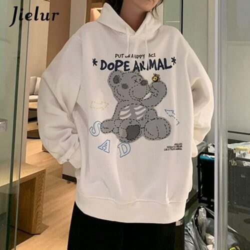 Jielur Preppy Style Korean Winter Fleece Hoodies Cute Cartoon Women Tops Big Size Pullover M-XXL Thick Hooded Female Sweatshirt