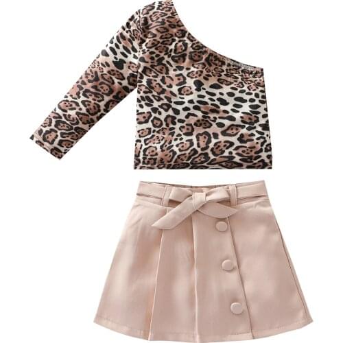 New Kids Girls Clothes Sets 2pcs Leopard Printed Long Sleeve One Shoulder Tops Solid A-Line Skirts Set