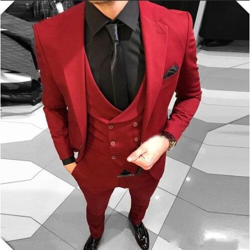 Red Groom Tuxedo 3 Piece Slim Fit Mens Wedding Prom Party Suits Casual Male Suits Tailor Made Bridegroom Suit Jacket+Vest+Pants