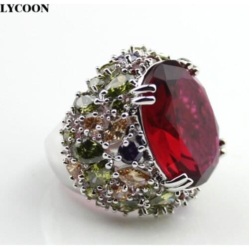 LYCOON Newest big red Crystal rings elegant queen Ring silver plated luxury colorful cubic Zirconia prong setting for women