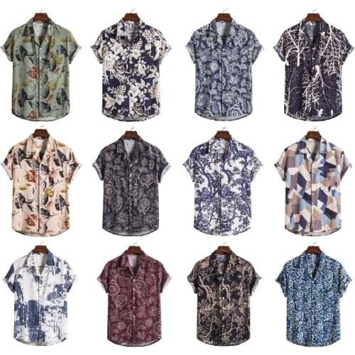 Beach flower shirt at home and abroad explosion models cotton and linen ethnic style suit collar short-sleeved flower shirt men