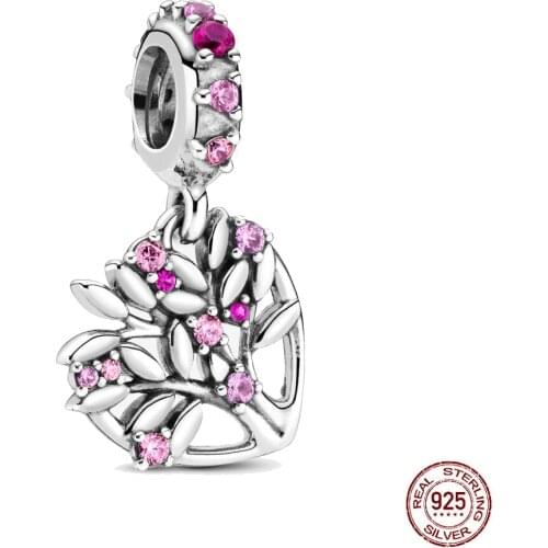 New 925 Sterling Silver Pink Heart Family Tree Dangle Charm Beads Fit Original Pandora Bracelet Charm Silver 925 Jewelry
