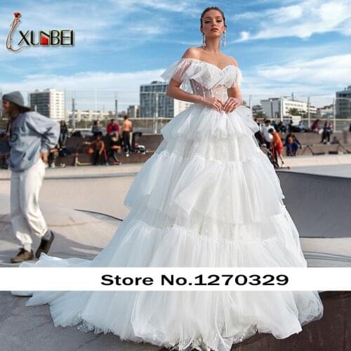 New Fashion A-Line Wedding Dresses Ruffles Off the Shoulder Shining Stars Sexy Sweetheart Beaded Bridal Gown Mariage Bride Dress