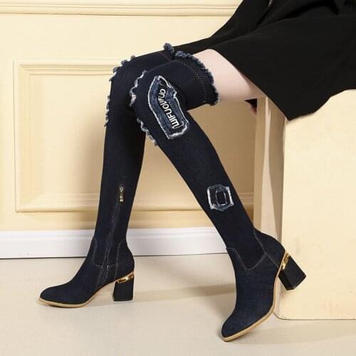 Autumn Winter Womens Denim Long Boots Over The Knee Thick High Heels Elastic Boots Shoes Tassel Cut Out Jeans Botas Mujer PW165