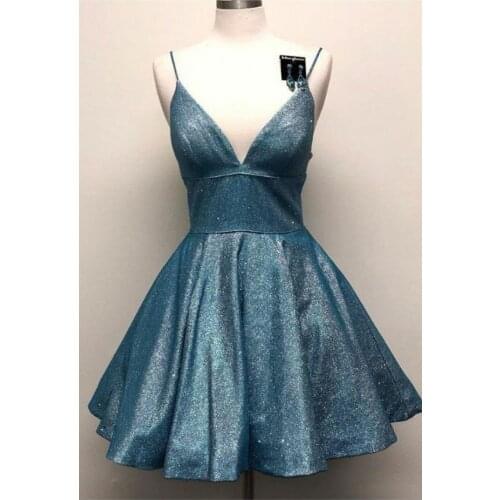 Sexy Short Glitter Homecoming Dresses with Pockets Criss Cross Back Knee Length V-Neck Abendkleid Robes de Soirée for Women