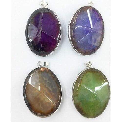 1pc Natural Agates Stone Charms Women Jewelry Making Oval Shape Metal Edging Facets Pendant Chain for DIY Necklace Accessories