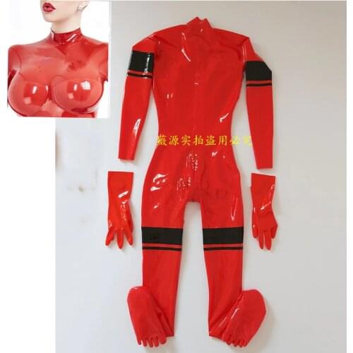 Sexy Women Red Full Body 3d Breast Latex Catsuit Rubber Gloves Toes Socks with Zip between Legss