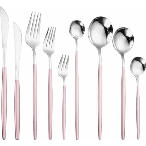 Home Tableware Pink Silver Dinner Set Stainless Steel Cutlery Set Kitchen Spoon Knife Fork Dinnerware Set Eco Friendly Flatware
