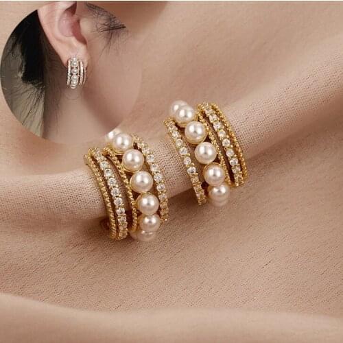 Rhinestone Crystal Pearl Elegant Earrings For Women Gold Color Round Stud Earrings Set Fashion Party Jewelry