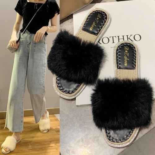 Crystal Faux Fur Slippers New Fashion Winter Slippers Women Shoes Woman Slippers Warm Slip on Flat Fur Slippers Female Slides