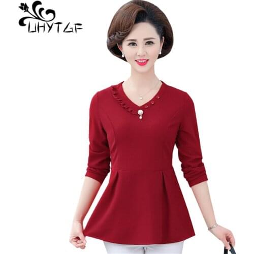 UHYTGF 5XL plus size top female 2020 V-neck pullover elegant spring autumn tshirt fashion ruffle casual short T-shirt women 1520