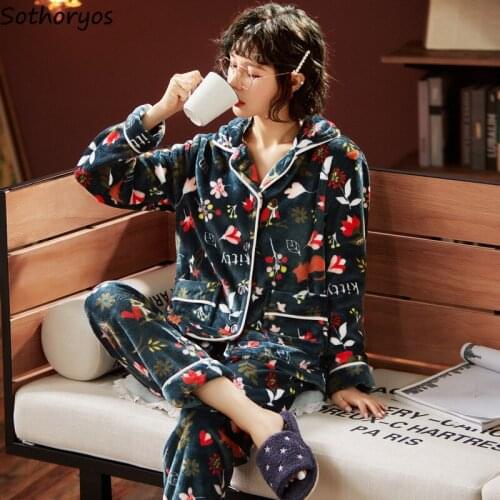 Thicker Pajama Sets Women Turn-down Collar Tops Ankle Length Pants Printed Warm Cozy Flannel Slim Female Nightwear Trendy Lounge