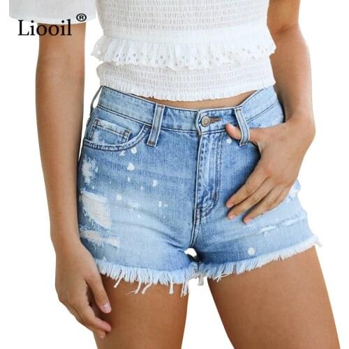 Liooil Blue Plus Size Hole Shorts Women Casual 2019 Cotton Sexy Rave Jean Short Fashion Mid Waist Pocket Tassel Denim Shorts