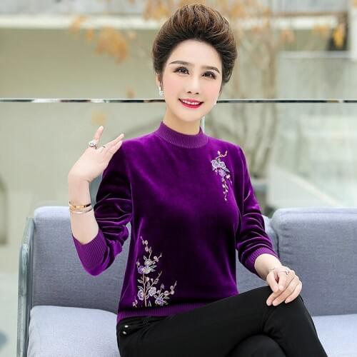 Elegant Mother Embroidery Gold Velvet Sweater Autumn Sweater Middle Aged Mother Embroidery Gold Velvet Sweater Long Sleeve