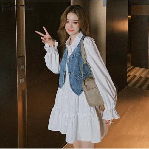 Sets Women Denim Vest White Dress New Summer Fashion Streetwear Soft All-match Harajuku Design Outfits Vestido Simple Ruffles