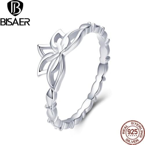 BISAER Hot Sale 925 Sterling Silver Lotus Flower Rings for Women Cheap Lotus Finger Ring Wedding Engagement Jewelry Anel EFR018