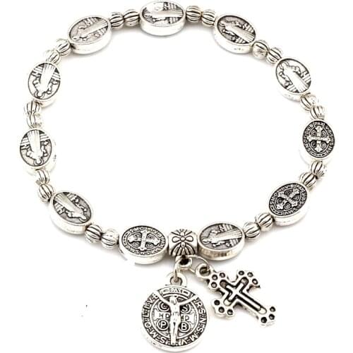 12Pcs Saint Benedict Medal Alloy Beaded Bangles For Men Women Christ Juses Cross Virgin Mary Pendant Bracelets C-80