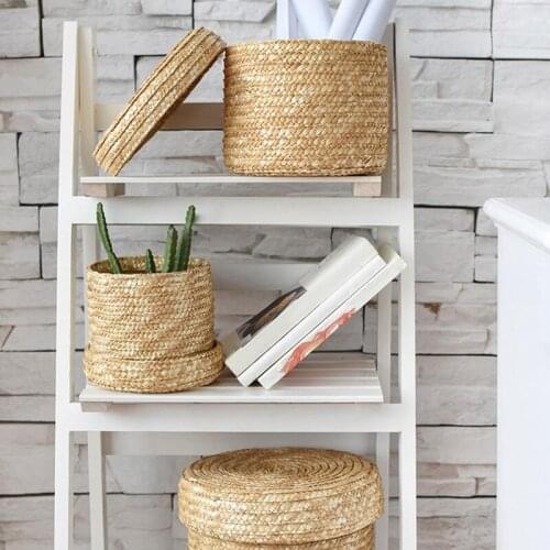 3 Pcs/Set Handmade Straw Woven Storage Basket With Lid Snack Organizer Storage Box Laundry Baskets Rattan Storage Flower Baske