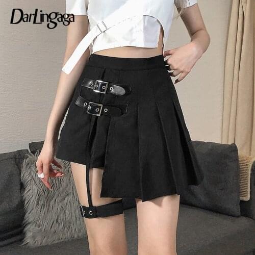 Darlingaga Asymmetrical Punk Style Black Pleated Skirt Buckle Summer High Waist Skirt Women Gothic Clothes Mini Skirts Party Hot