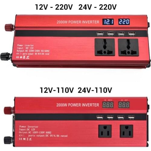 Dual Display Car Inverter 12V to 110V Power Inverter 2000W Converter Modified Sine Car Power Inverter 4 Port Charger Car Adapter