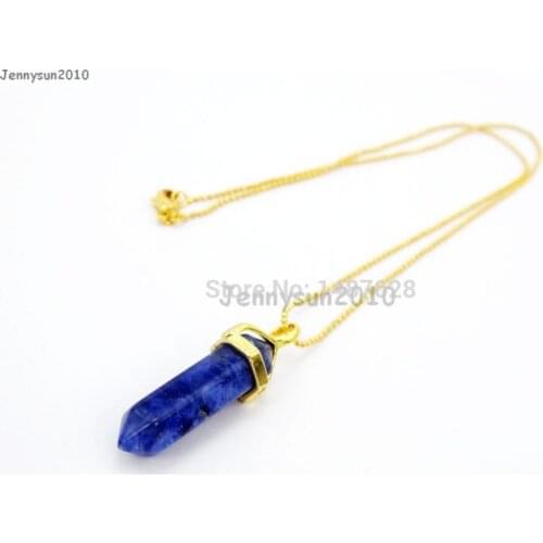 Natural Sodalite Gems Stones Hexagonal Pointed Healing Reiki Chakra Pendant Beads Gold 17'' Chain Necklace 5 Sets/Pack