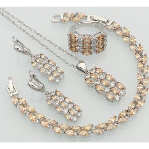 Champagne Cubic Zirconia White CZ 925 Sterling Silver Jewelry Sets For Women Wedding Bracelets/Necklace/Pendant/Earrings/Ring