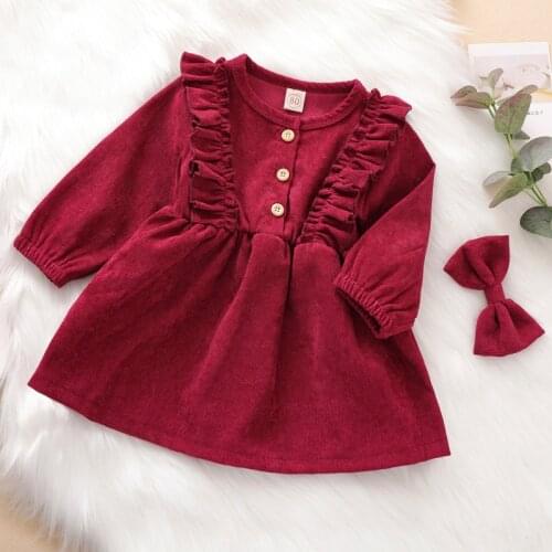Spring Autumn Baby Girl Dress, High-Waist Midi, Long Sleeve Round Collar Ruffle Buttons Princess Pleated Dresses Headband
