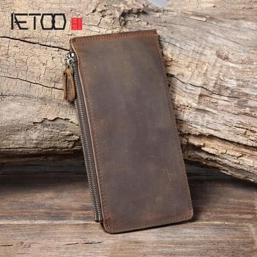 AETOO Retro crazy horse leather double zipper long wallet, handmade first layer cowhide mens mobile phone bag, card holder
