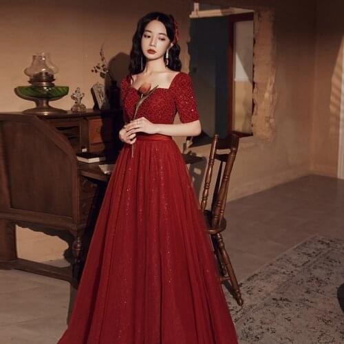 Elegant Banquet For Women Toast Bridal Dresses Ladies Red Slimming Mesh Gown Formal Wedding Party Evening Dress
