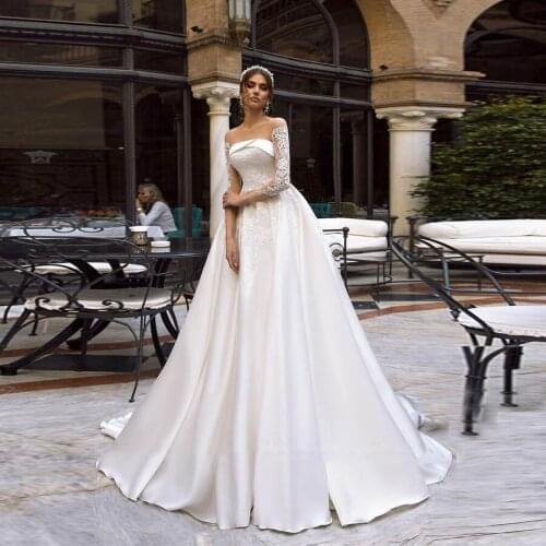 Elegant Sheer Scoop Long Sleeve Wedding Dress White Appliques 2020 Modest Customized Long Satin Bridal DRESSES