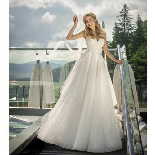 Elegant Long Sparkly Wedding Dresses with Removable Straps A-Line Court Train Corset Back Robes De Mariée Bridal Gown For Women