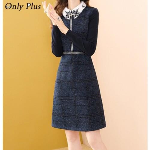 Only Plus Deep Blue Wool Winter Party A-Line Women Dress Turn Down Collar Rmoatic Female Tweed Plaid 2021 New Design Dresses
