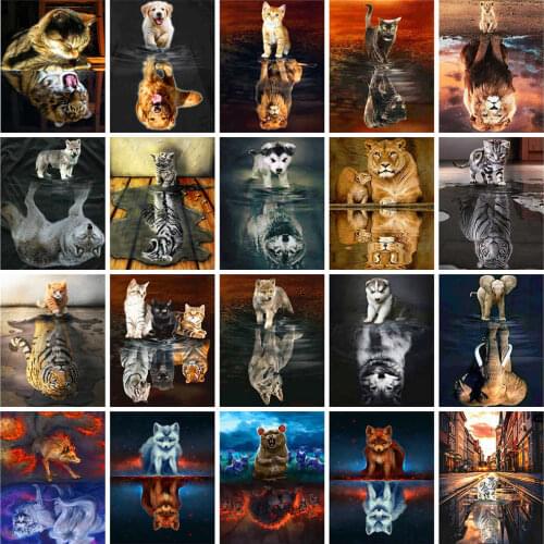 HUACAN Diamond Painting Set Animal Reflection 5D DIY Diamond Embroidery Sale Cat Dog Rhinestones Mosaic Cross Stitch Decortion
