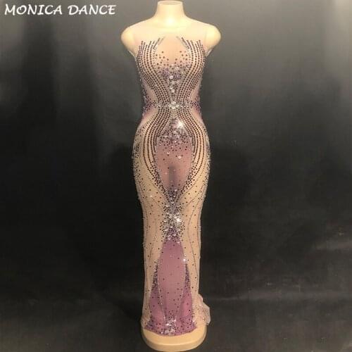 Sparkly Purple Rhinestones Womens Mesh Long Dress Birthday Party Dress Evening Dance Outfit See Through Prom Celebrate Dresses