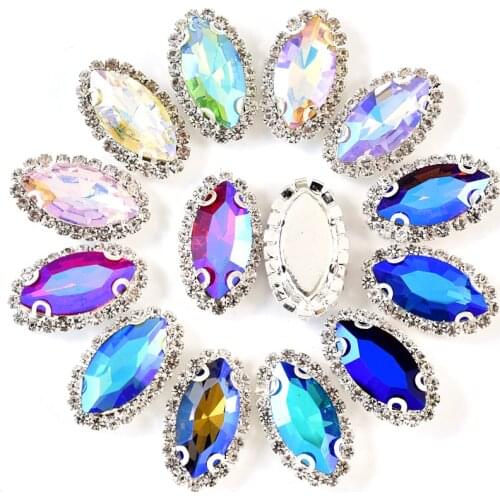 20pcs 2 Sizes Silver Claw Sew On Rhinestones Flatback Horse Eye Shape Sewing Stones Clothes Jewellery for DIY Garments Bag B1206
