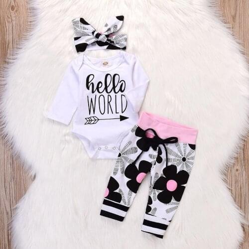 Newborn Baby Clothing Set Baby Girl Clothing 2021 Fashion Letter Hello World Romper + Floral Pants + Turban 3PCS Boy Set