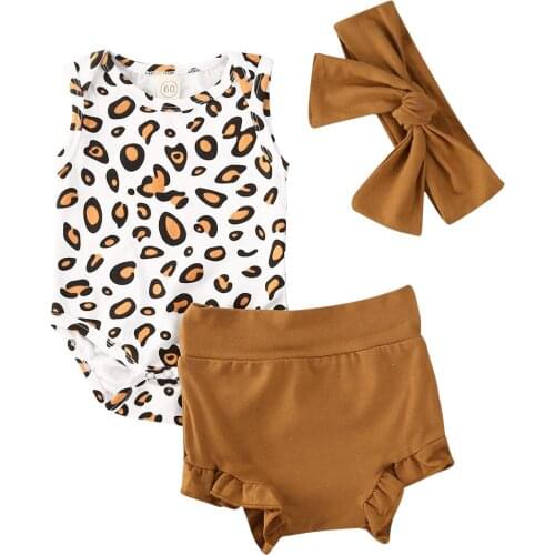 2020 Newborn Baby Girls Summer Clothes Sleeveless Leopard Print Romper Top+Tutu Shorts+Headband Outfits 3Pcs Set 0-12M