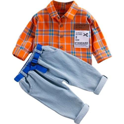 Baby Boys Clothes Set 2020 Autumn Kids Sports Suit Long Sleeve Plaid Short + Long Jeans Children Clothing Set4