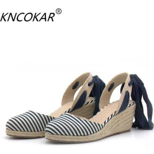 KNCOKAR The summer new womens shoe wedges and hemp rope grass weaving single shoes cross bandage leisure womens sandals