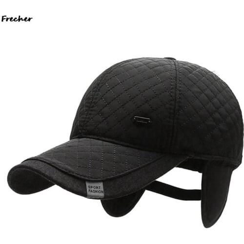 Mens Warm Winter Wool Baseball Cap Ear Flaps Brand Snapback Hats Thicken Cotton Fitted Cap Gorra Hombre Trucker Cap Gorro Unisex