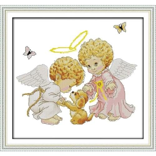 Angels and dog cross stitch kit animal baby pattern counted print canvas DMC embroidery DIY handmade needlework supplies bag