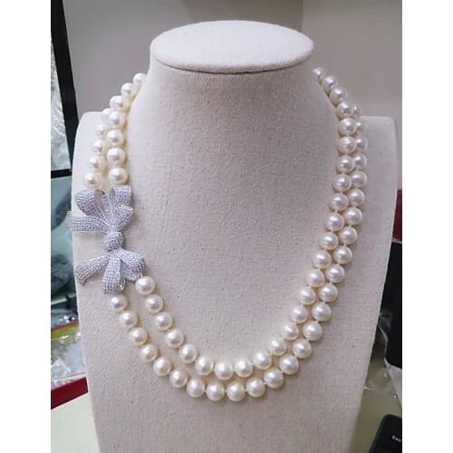 Genuine 9-10MM natural pearl necklace double Necklace light pearl Bowknot flower 925 Silver clasp
