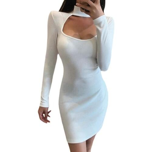 2021 New Women Long Sleeve Hollow Out Dress Fashion High Collar Solid Color Dress for Women Ladies