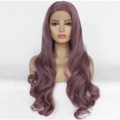 Sexy Glueless High Temperature Fiber Natural Hair Wigs Soft Swiss Mix Purple Long Body Wavy Synthetic Lace Front Wig for Women