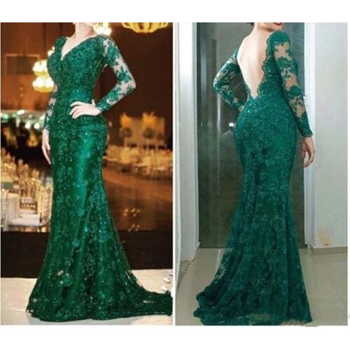 Mother of the Bride Dresses for Weddings 2021 Guest Gowns Long Sleeve Green Lace V Neck Sexy Backless Women Formal Dubai Muslim