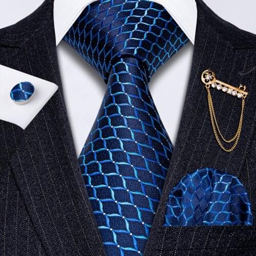 Blue Geometric Silk Men Tie Gold Brooch Hanky Set Gift For Men Wedding Groom Business Party Barry.Wang Designer Neckties GS-5141